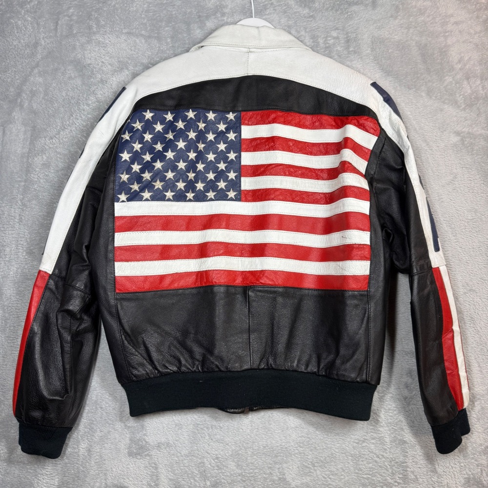 Vintage Michael Hoban Wheremi Leather Jacket Mens L Black USA Flag Bomber 90s